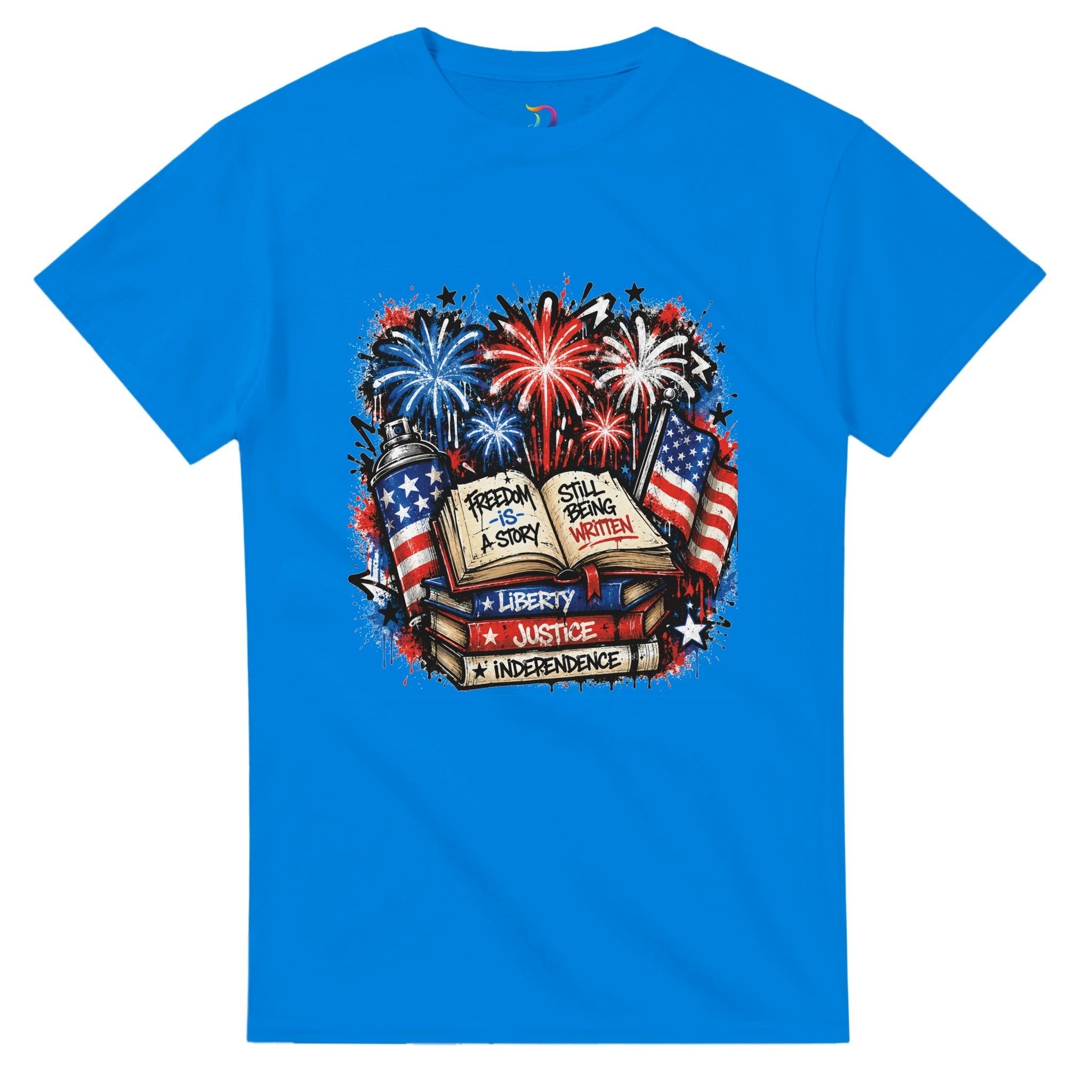 Freedom Is a Story Still Being Written T-Shirt | Patriotic Book Lover Graphic Tee | Graffiti Fireworks Reader Shirt - Designity