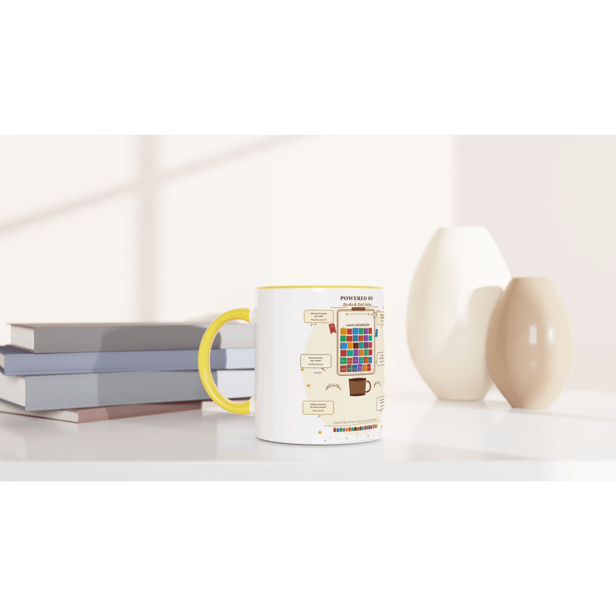 Powered by Books and Dad Jokes Ceramic Coffee Mug - 11oz Novelty Mug - Designity