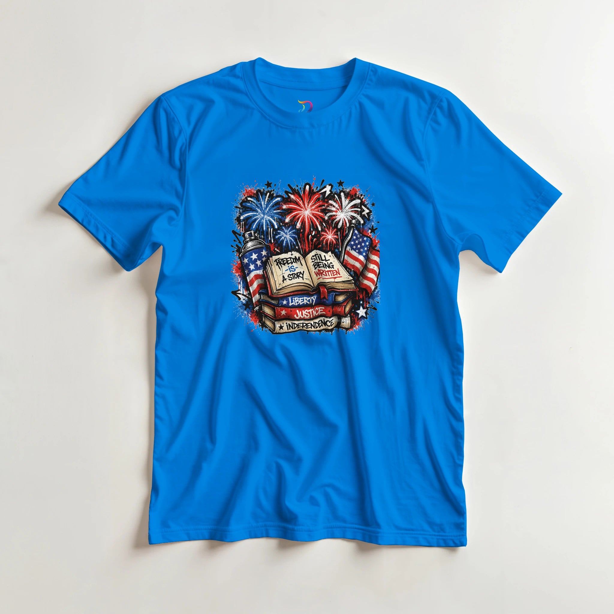 Freedom Is a Story Still Being Written T-Shirt | Patriotic Book Lover Graphic Tee | Graffiti Fireworks Reader Shirt - Designity