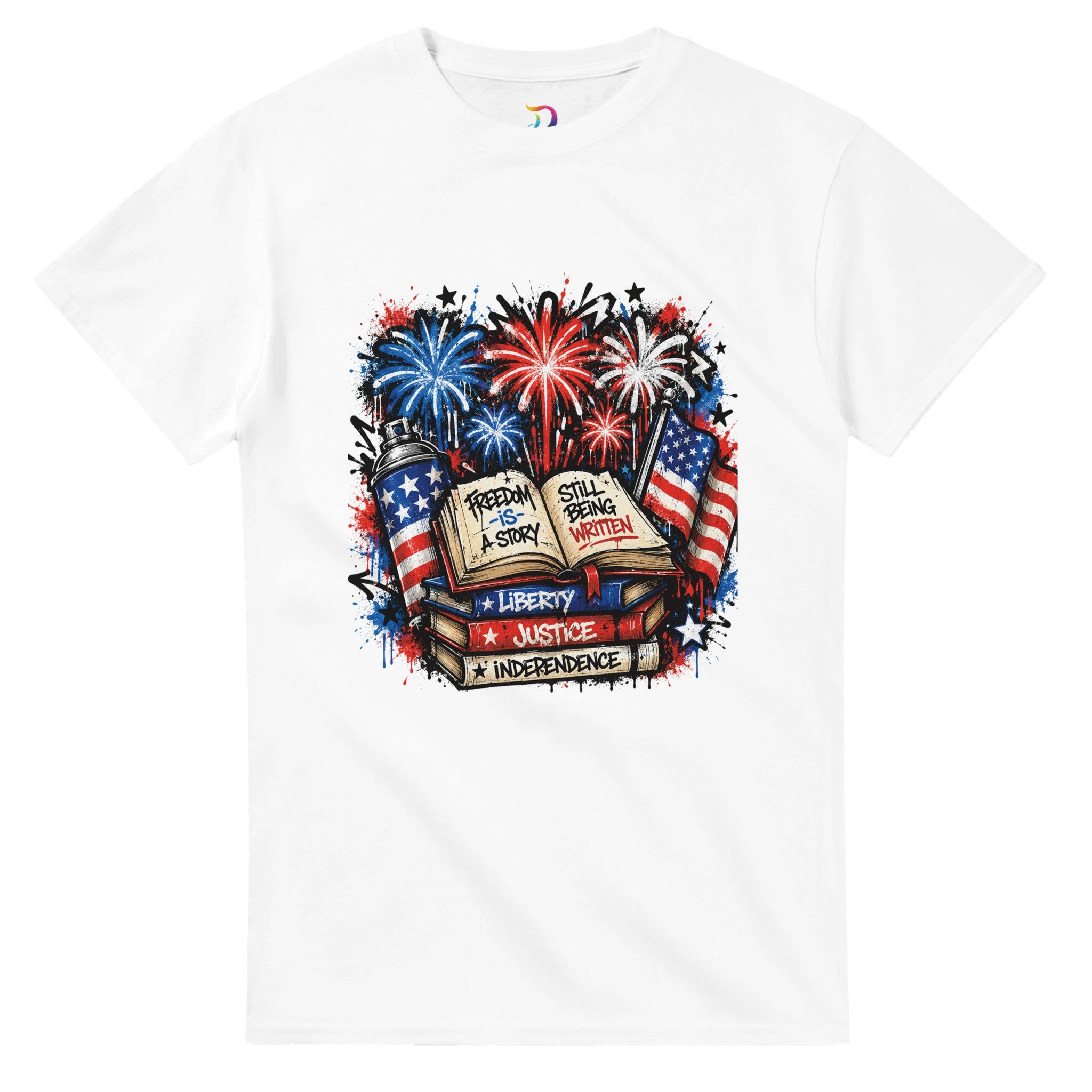 Freedom Is a Story Still Being Written T-Shirt | Patriotic Book Lover Graphic Tee | Graffiti Fireworks Reader Shirt - Designity