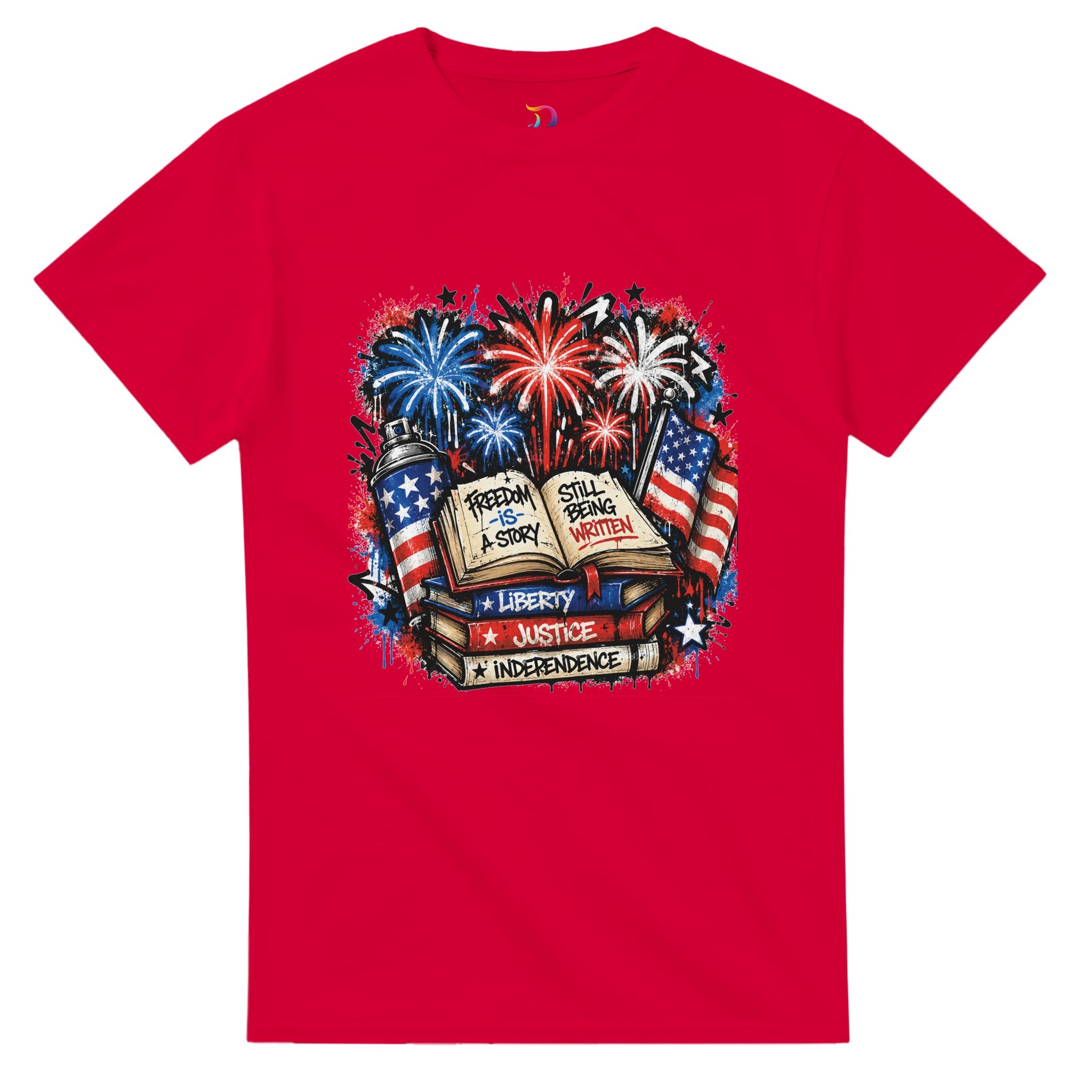 Freedom Is a Story Still Being Written T-Shirt | Patriotic Book Lover Graphic Tee | Graffiti Fireworks Reader Shirt - Designity